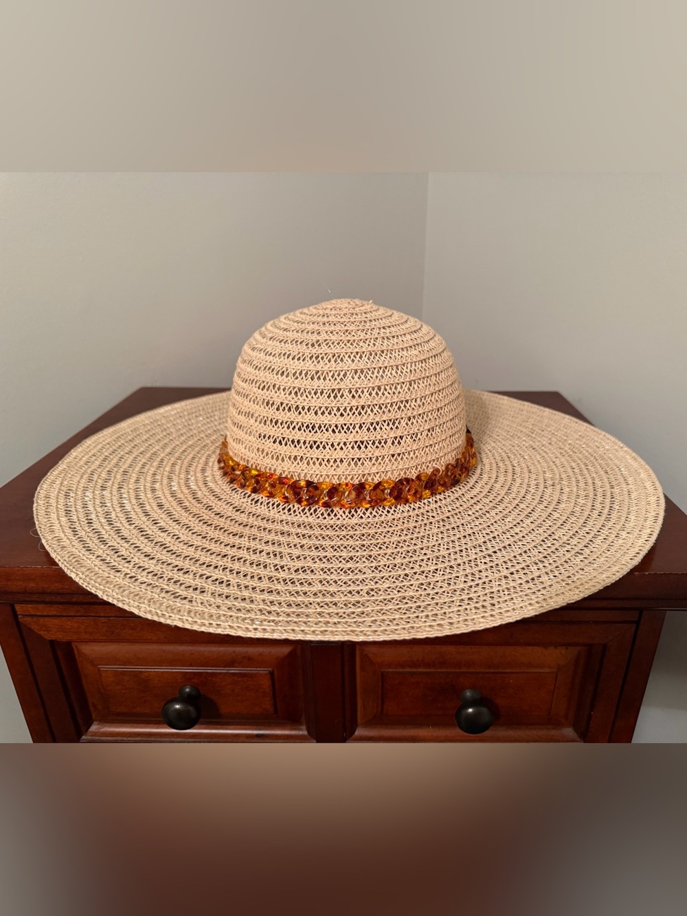 Kensie Beige Woven Sun Hat with Amber Bead Trim